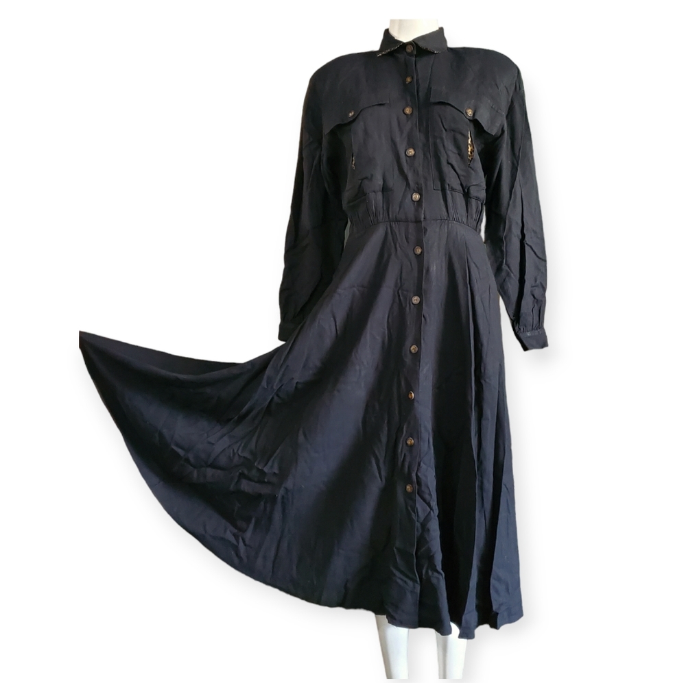 Vintage 70s80s Studio I Black Longsleeved Flowy Rayon Shirt Dress Midi Sz 6